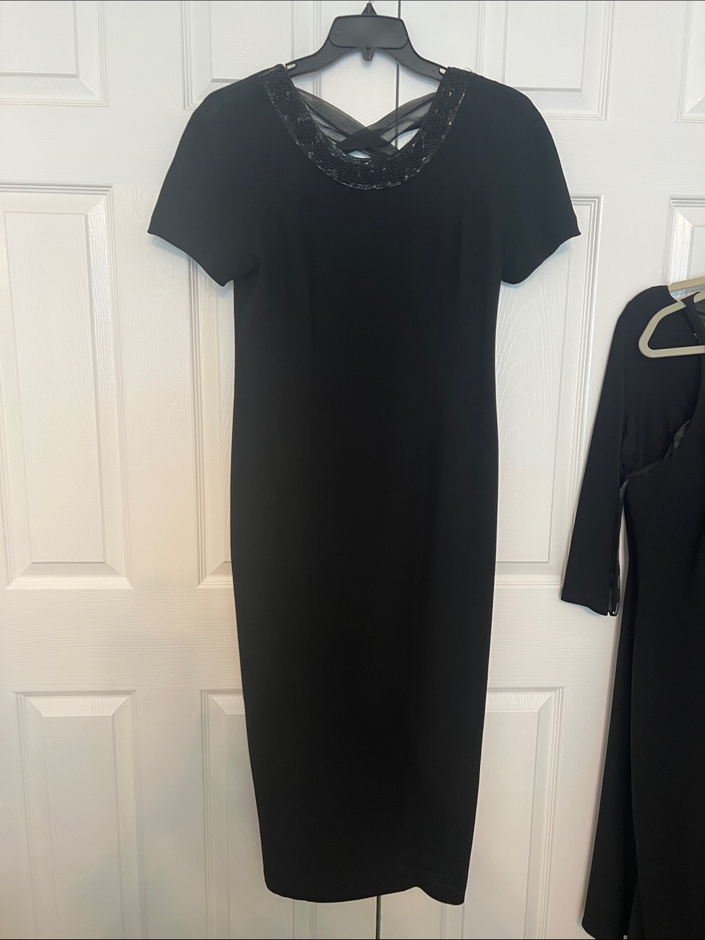 CDC Black Short-Sleeve Midi Dress with Beaded Neckline
